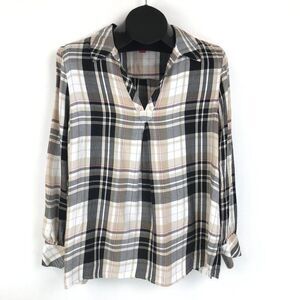 Vince Camuto Plaid Popover Top Women's Medium V-Neck Long Sleeves 100% Rayon